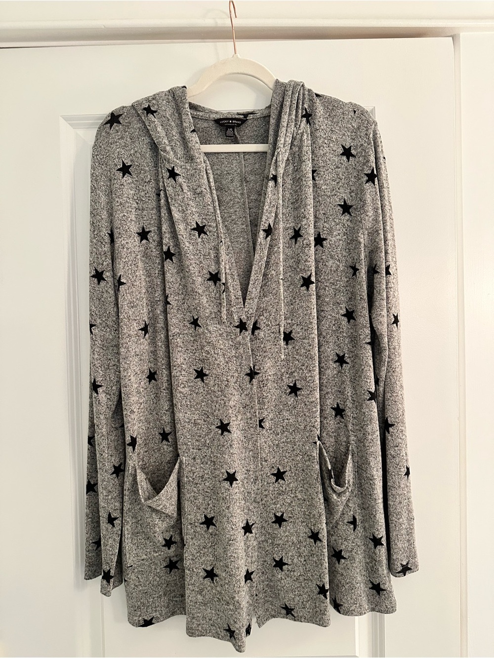 Lucky Brand Super Soft Gray with Black Stars Hooded Cardigan Sweater Size L